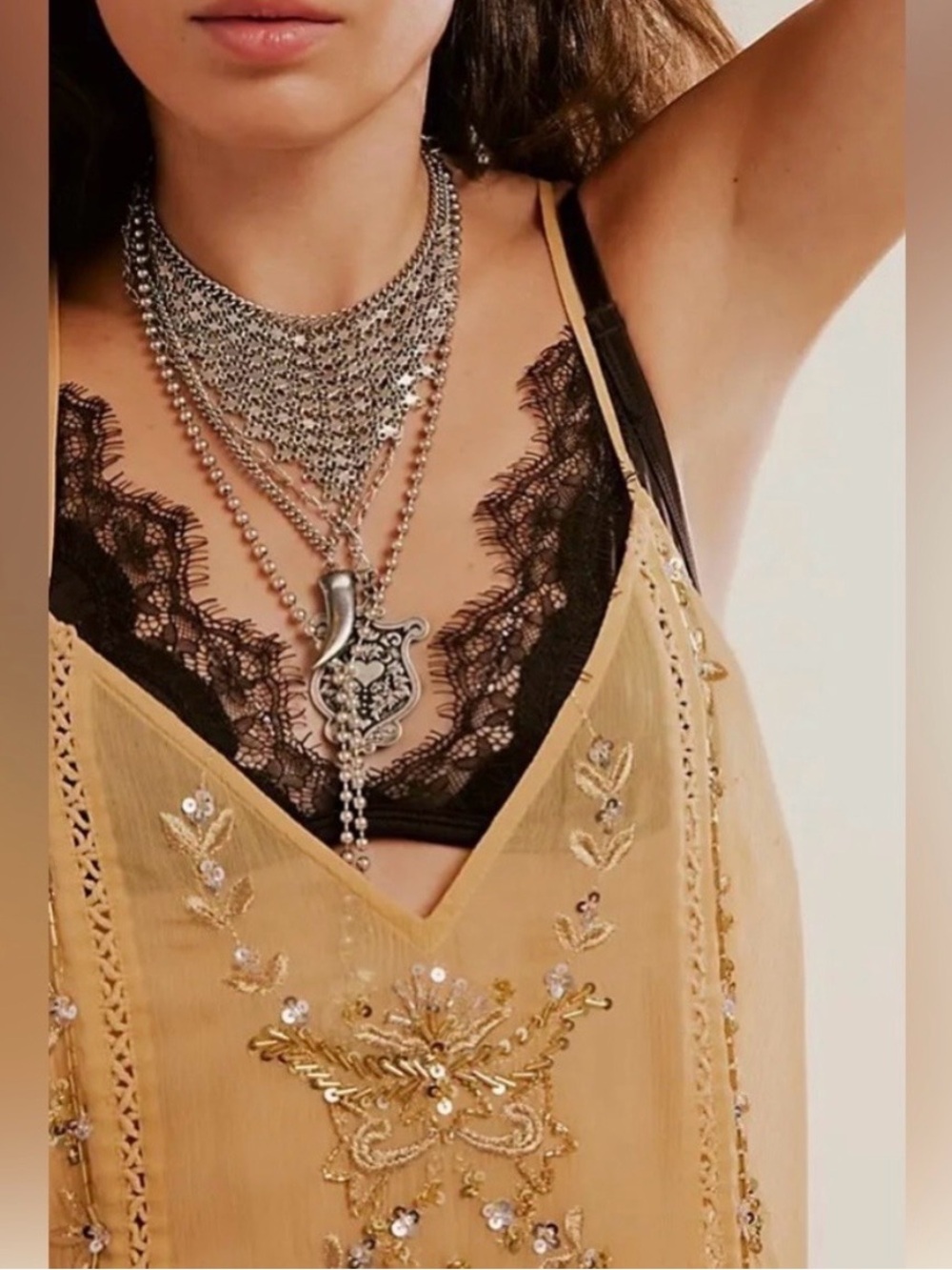 Free People Sage Extreme Layer Silver Toned Pendants Adjustable Necklace NWOT